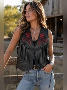 Leather Club Genuine Leather Fringe Motorcycle Vest Black Red Rose Western Biker